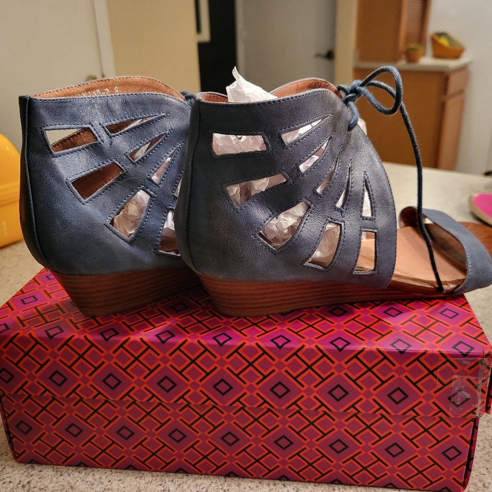 Jeffrey Campbell navy Ibiza leather & wood wedge sandals, 8